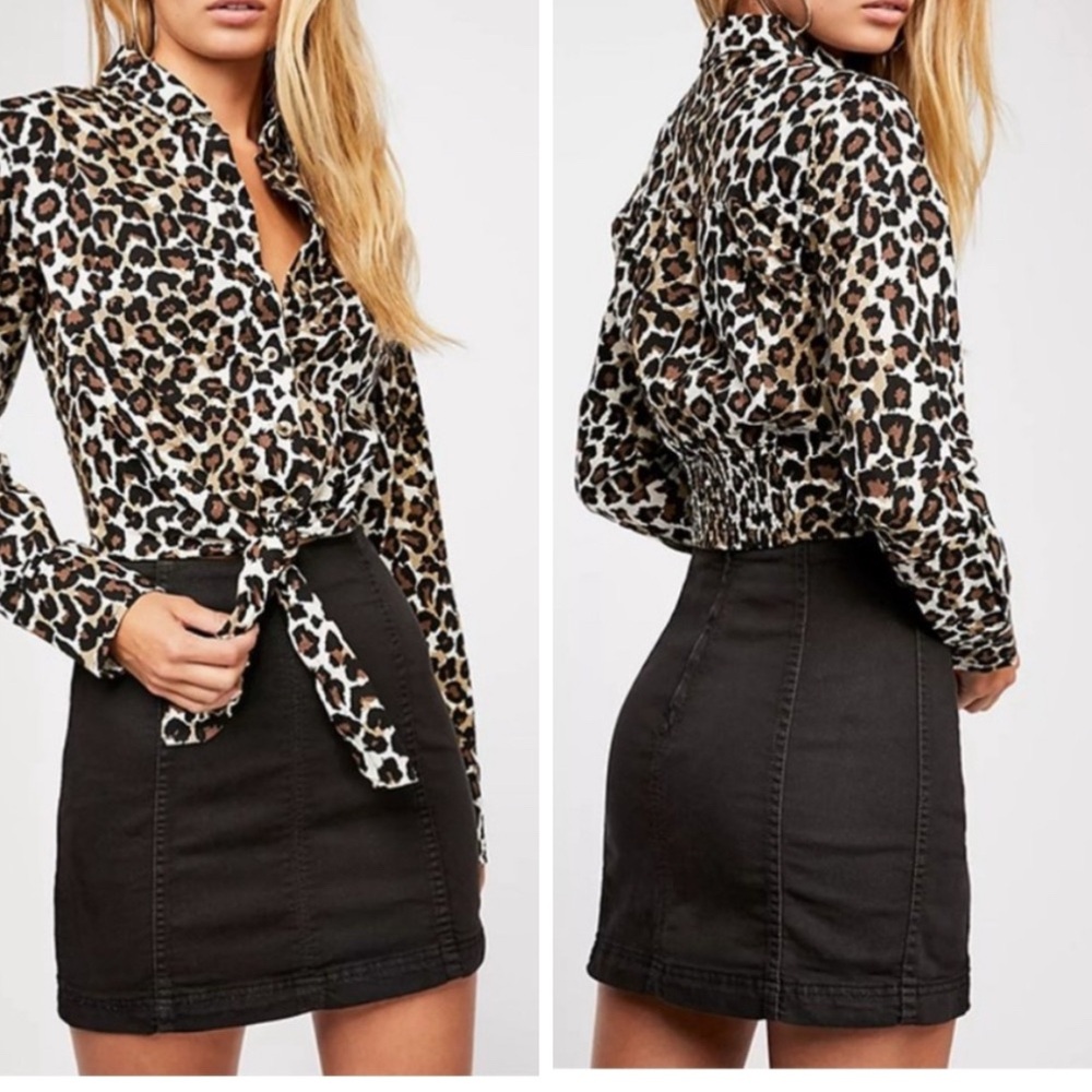 Free People Modern Femme Exposed Seam Stretch  Black Denim Mini Skirt Size 8